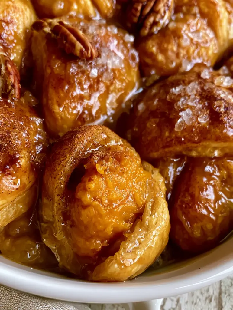 Sweet Potato Dumplings with Cinnamon Butter Syrup and Pecans 1 Sweet Potato Dumplings sliced open to reveal a soft, vibrant orange sweet potato center with toasted pecans on top.