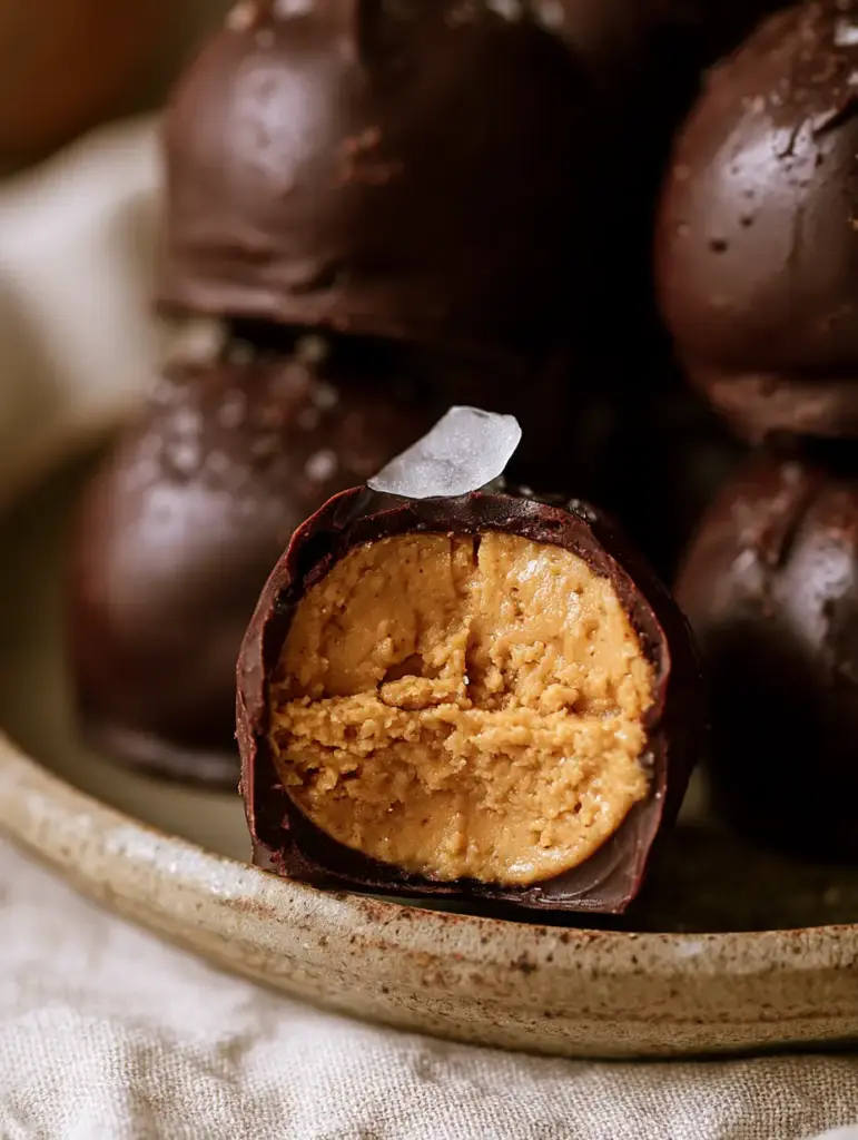 Extreme macro photography of Healthy Buckeyes showing the matte chocolate finish and the dense fudge texture of the peanut butter center. (Healthy Buckeyes Recipe)
