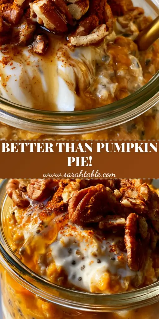 A close-up handheld photo of pumpkin overnight oats in a wide-mouth jar with a gold spoon, topped with pecans and maple syrup.