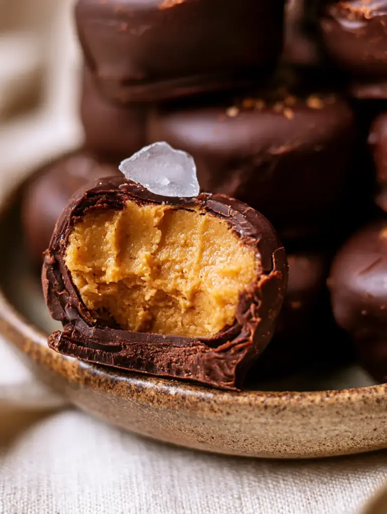 A stack of healthy buckeyes on neutral linen, highlighting the semi-matte dark chocolate coating and flaky salt garnish.