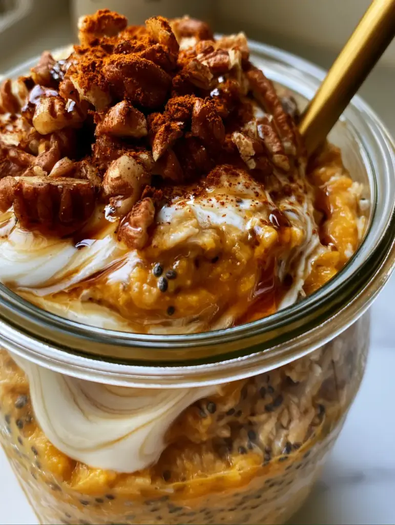 Detailed view of the luscious texture of pumpkin overnight oats with visible grains and black chia seeds.