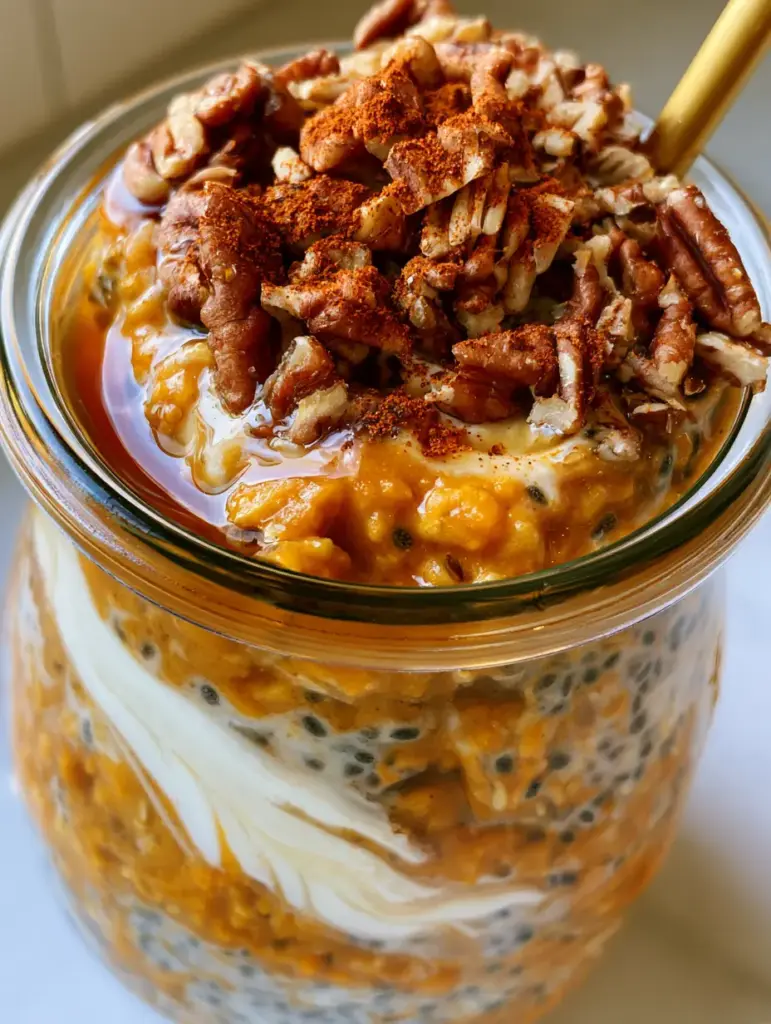 A marbled swirl of white Greek yogurt through orange pumpkin overnight oats in a glass jar.