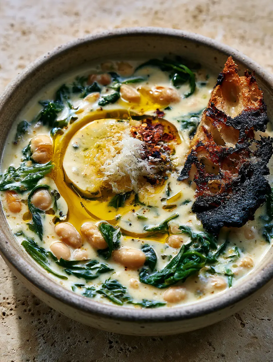 Spinach and White Bean Soup: A Creamy, 30-Minute Mediterranean Masterpiece 3 Close-up of Spinach and White Bean Soup showing the ivory velvet broth, whole cannellini beans, and olive oil swirl.
