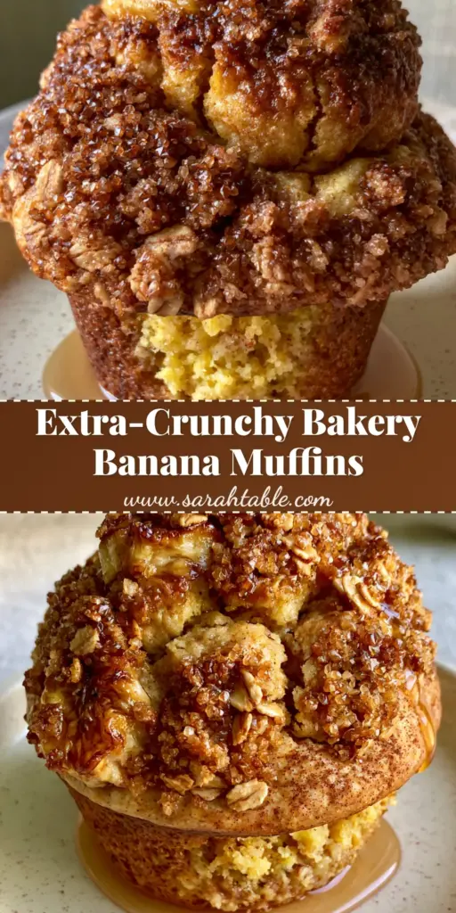 A towering bakery-style banana crunch muffin with a thick oat streusel topping, caramelized banana slices, and a glossy honey drizzle on a cream plate. (banana crunch muffins)