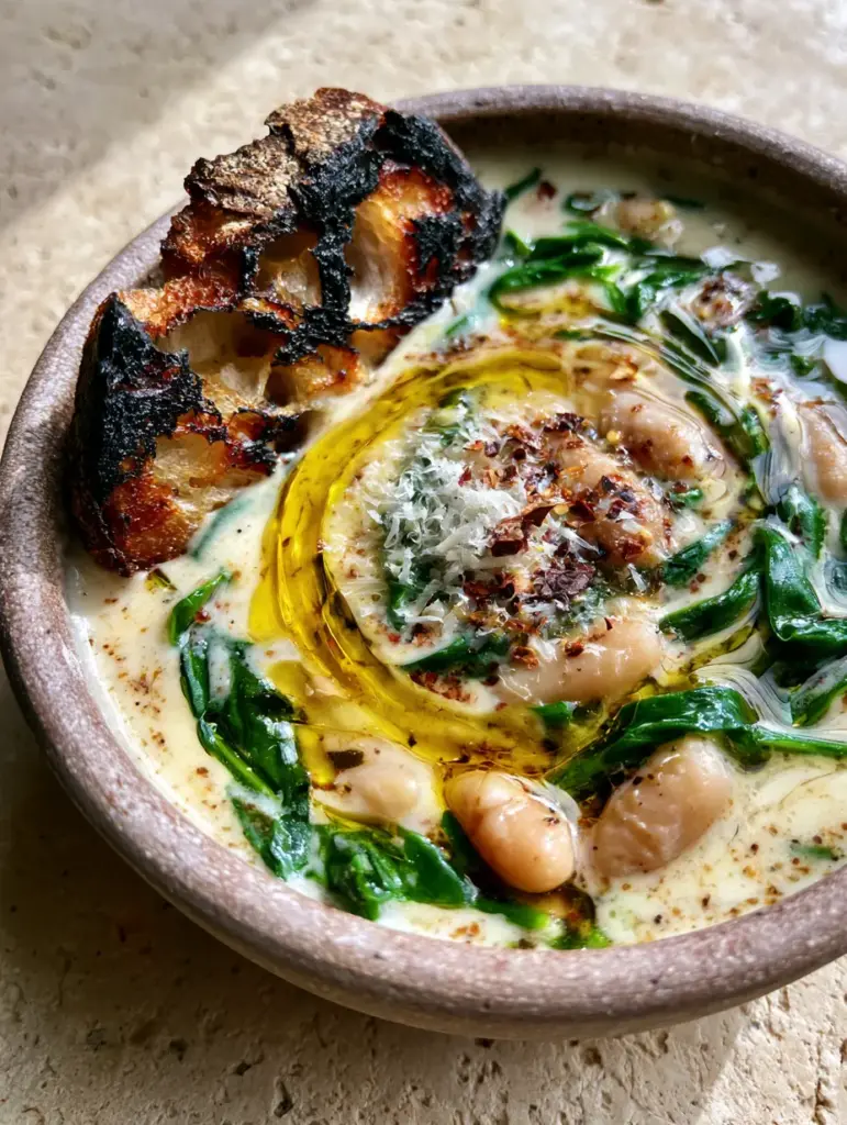 Spinach and White Bean Soup: A Creamy, 30-Minute Mediterranean Masterpiece 1 Spinach and White Bean Soup topped with micro-planed parmesan and red pepper flakes with a side of charred bread.