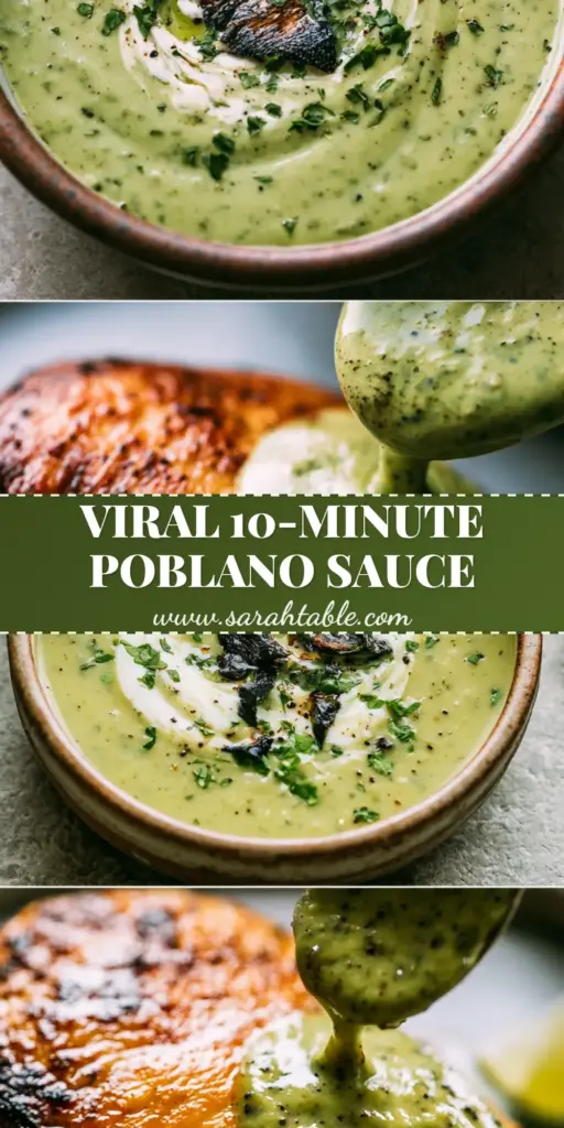 A rustic matte ceramic bowl filled with thick pale green roasted poblano cream sauce garnished with cilantro and Mexican crema. (roasted poblano cream sauce)