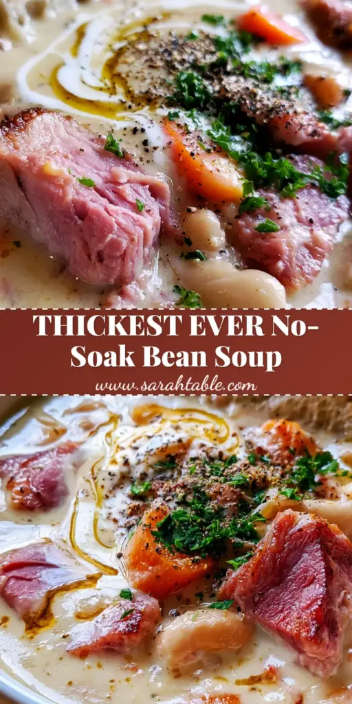 ham and bean soup with Creamy Ivory Broth and Caramelized Ham 3 A tall Pinterest pin showing a white bowl of creamy ham and bean soup with caramelized ham and toasted sourdough bread.