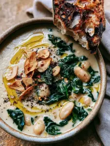 Top-down macro shot of white bean vegetable soup with dark green kale and extra virgin olive oil drizzle.