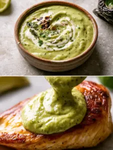 Split screen showing a top-down view of the sauce and a macro shot of the sauce drizzled over seared chicken. (roasted poblano cream sauce)