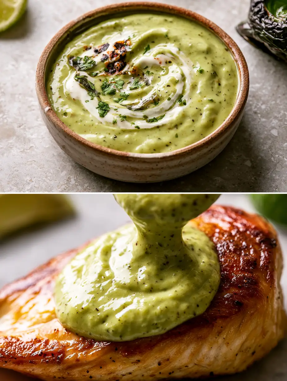 Split screen showing a top-down view of the sauce and a macro shot of the sauce drizzled over seared chicken. (roasted poblano cream sauce)