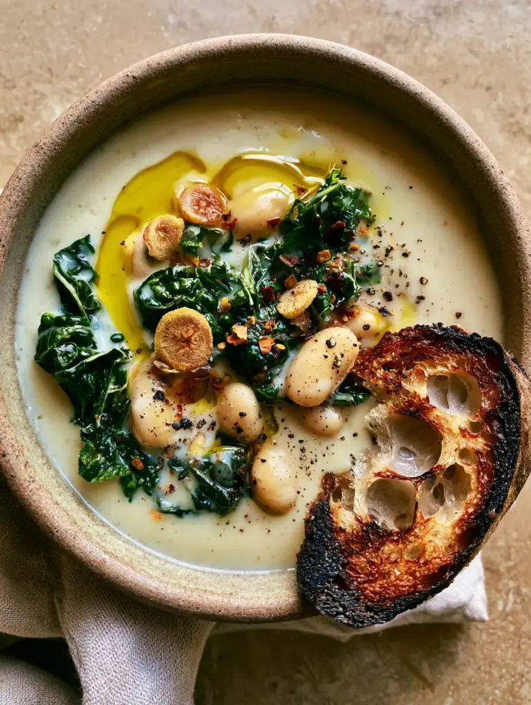 White Bean Vegetable Soup with Crispy Garlic and Kale 1 White bean vegetable soup served with a jagged slice of charred sourdough bread on a linen napkin.