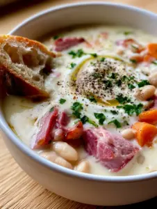 Close up of thick ivory-colored cream broth ham and bean soup with sliced carrots and parsley. (ham and bean soup)