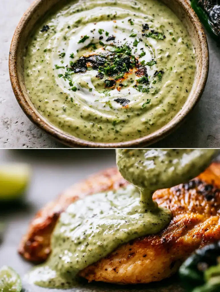 Close-up of golden-brown chicken breast being smothered in thick roasted poblano cream sauce.