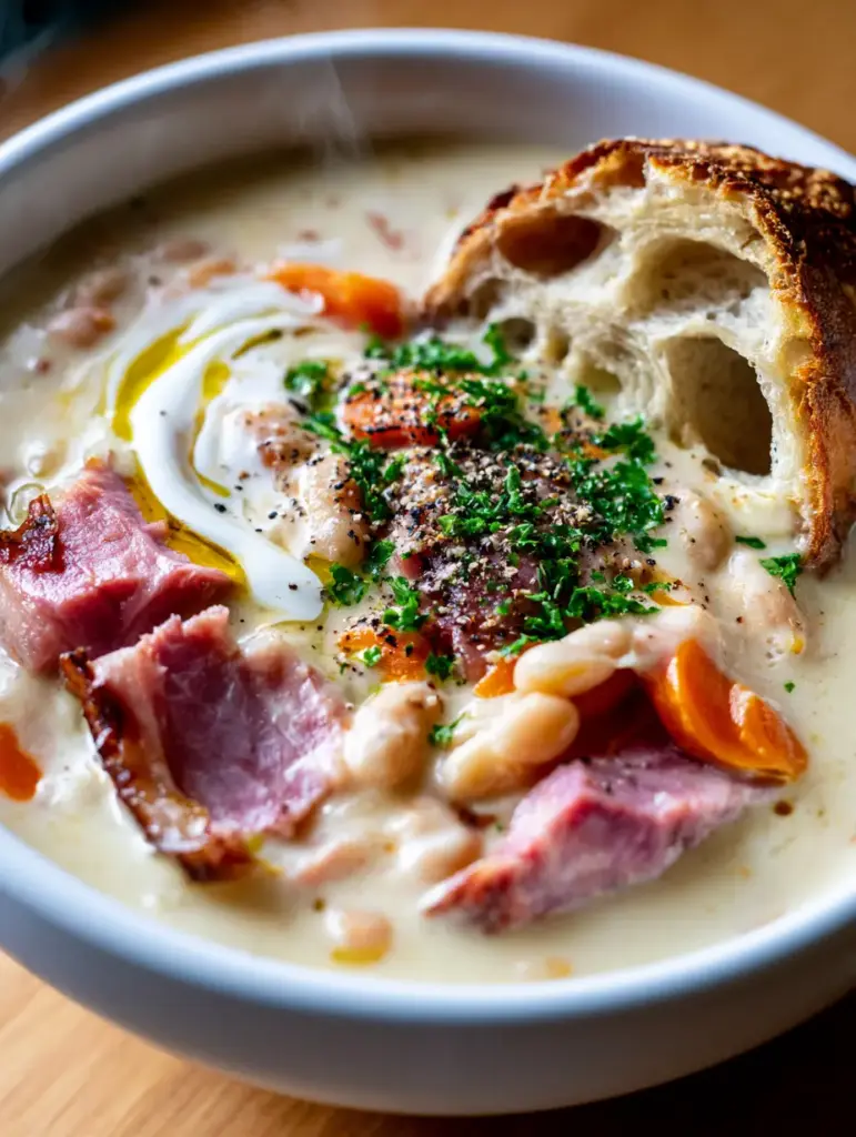 ham and bean soup with Creamy Ivory Broth and Caramelized Ham 1 Spoon dipping into a bowl of ham and bean soup showing soft cannellini beans and caramelized ham chunks.