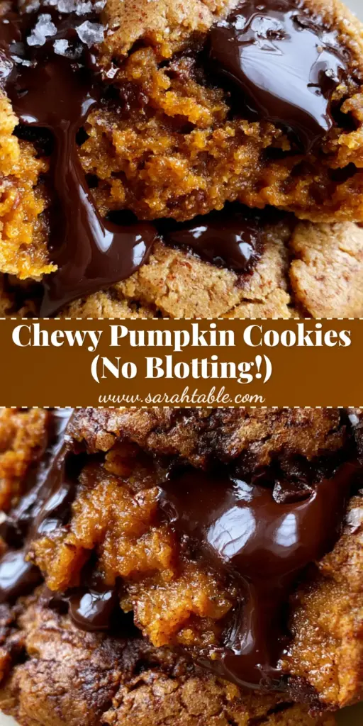 A stack of PUMPKIN CHOCOLATE CHIP COOKIES with visible melted dark chocolate pools and flaky sea salt on a stoneware plate.