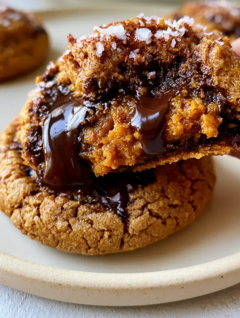 Close up of PUMPKIN CHOCOLATE CHIP COOKIES showing the orange-golden fudgy center and oozing chocolate.