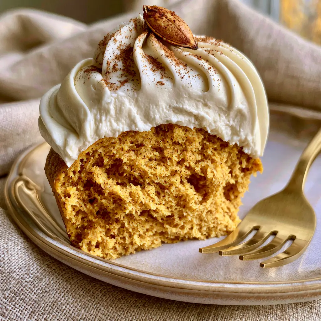 A close-up of a moist pumpkin cupcake sliced in half to show the airy golden-orange spiced crumb and thick cream cheese frosting.