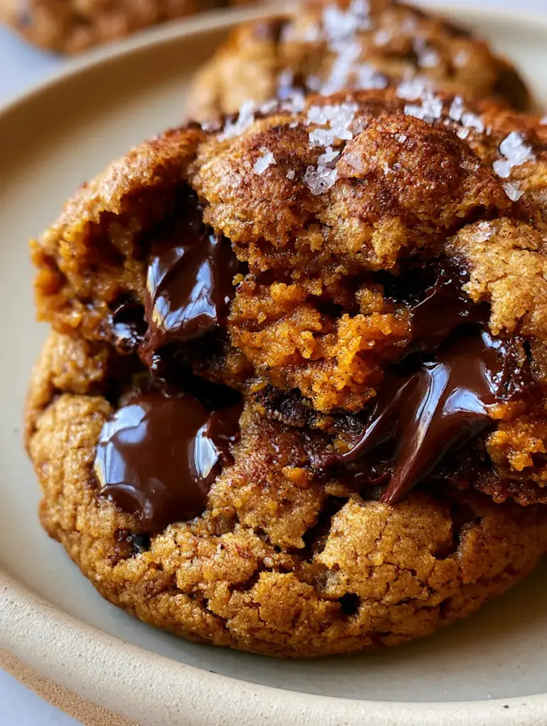 A crinkled PUMPKIN CHOCOLATE CHIP COOKIE surface with pumpkin pie spice flecks and dark chocolate pools.