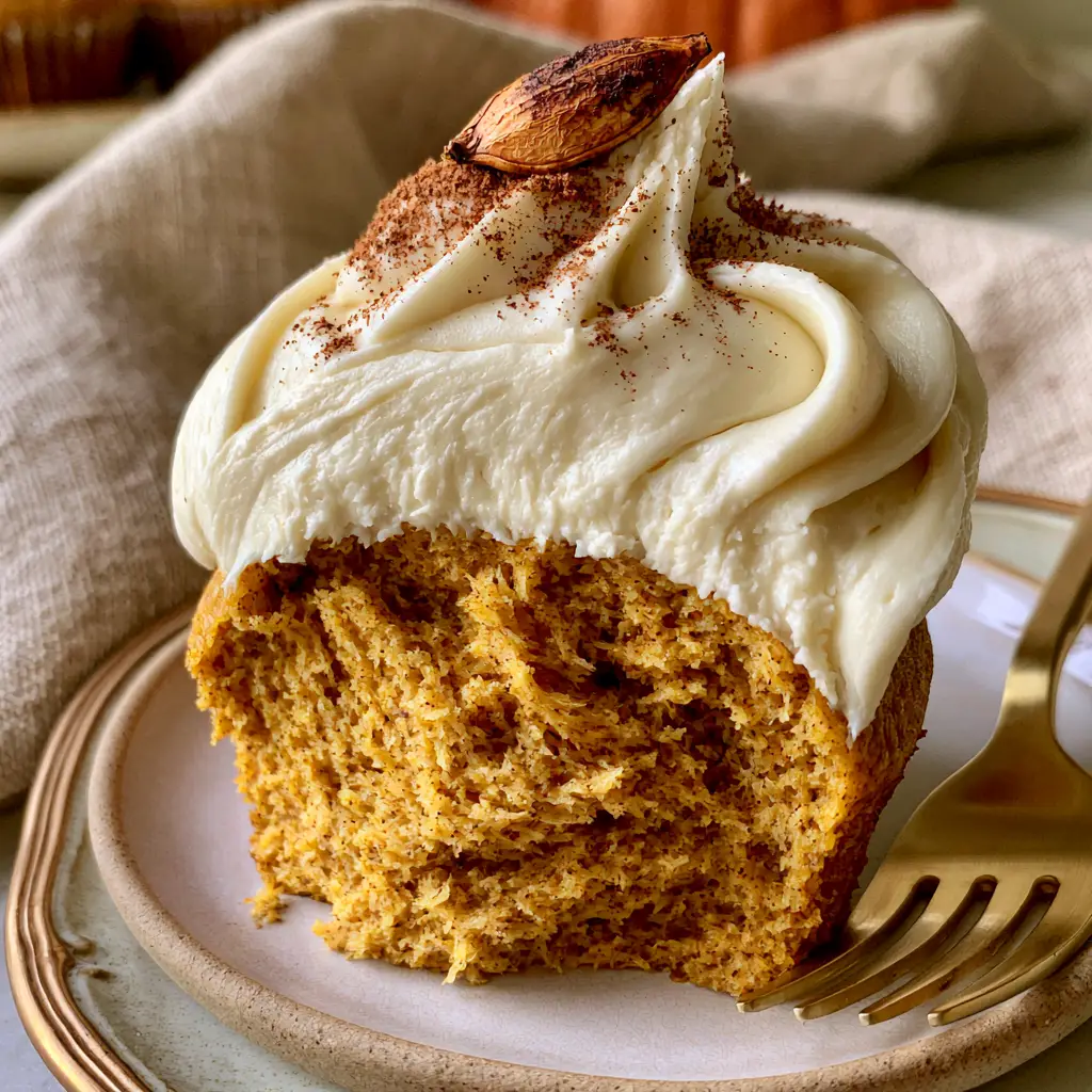 Pumpkin Cupcakes with Velvety Cream Cheese Frosting 1 Detailed shot of a spiced pumpkin cupcake with a velvety cream cheese swirl and a single toasted pumpkin seed garnish.