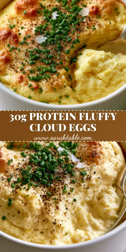 A tall Pinterest pin showing fluffy baked cottage cheese eggs in a white ramekin with golden peaks and fresh chives.