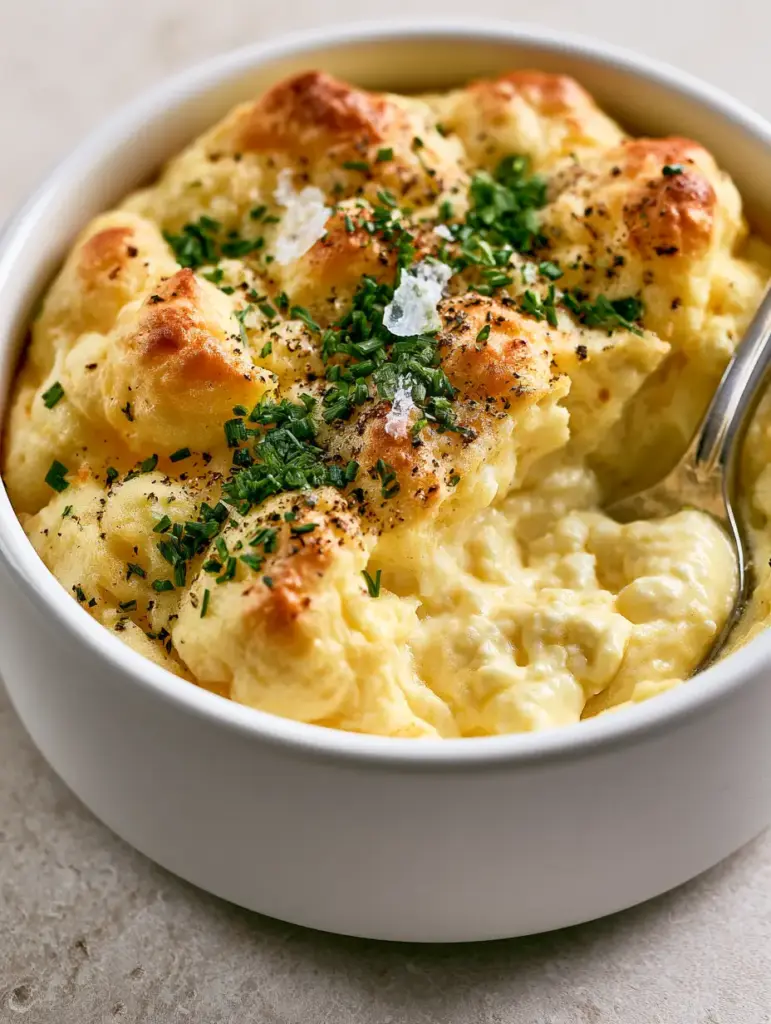 Macro photo of baked cottage cheese eggs showing the aerated souffle texture and toasted top in a matte white ramekin.