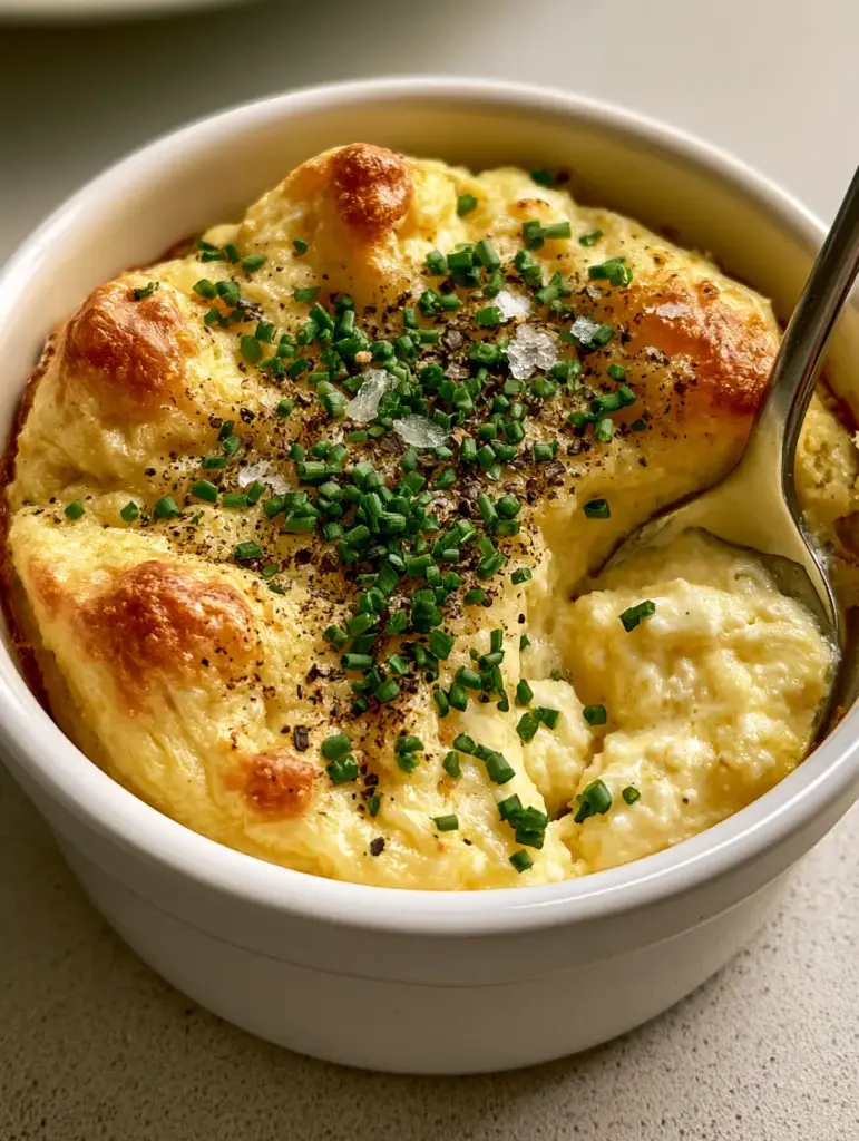 A silver spoon scooping into the moist, cloud-like interior of baked cottage cheese eggs.