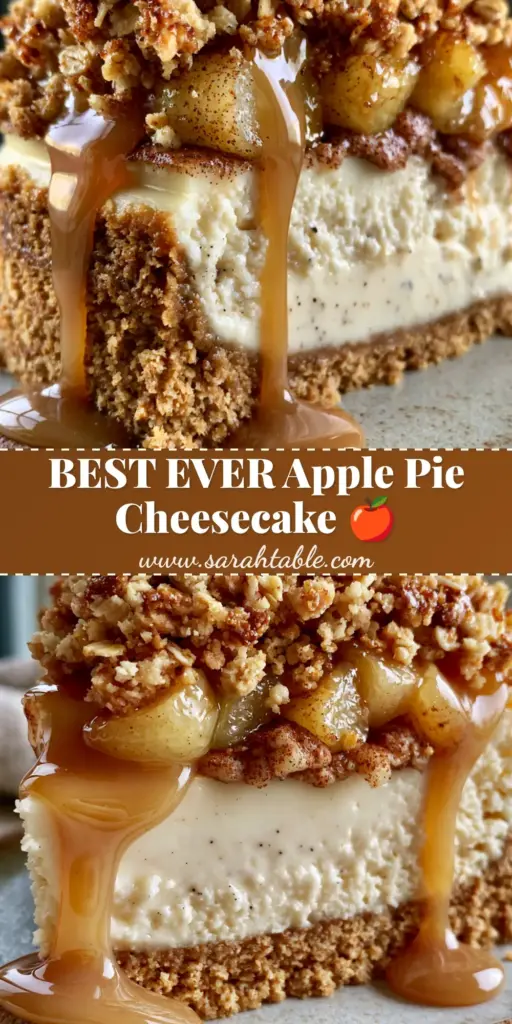 A tall, decadent slice of Salted Caramel Apple Pie Cheesecake on a rustic plate showing layers of graham cracker, vanilla cheesecake, stewed apples, and oat streusel.