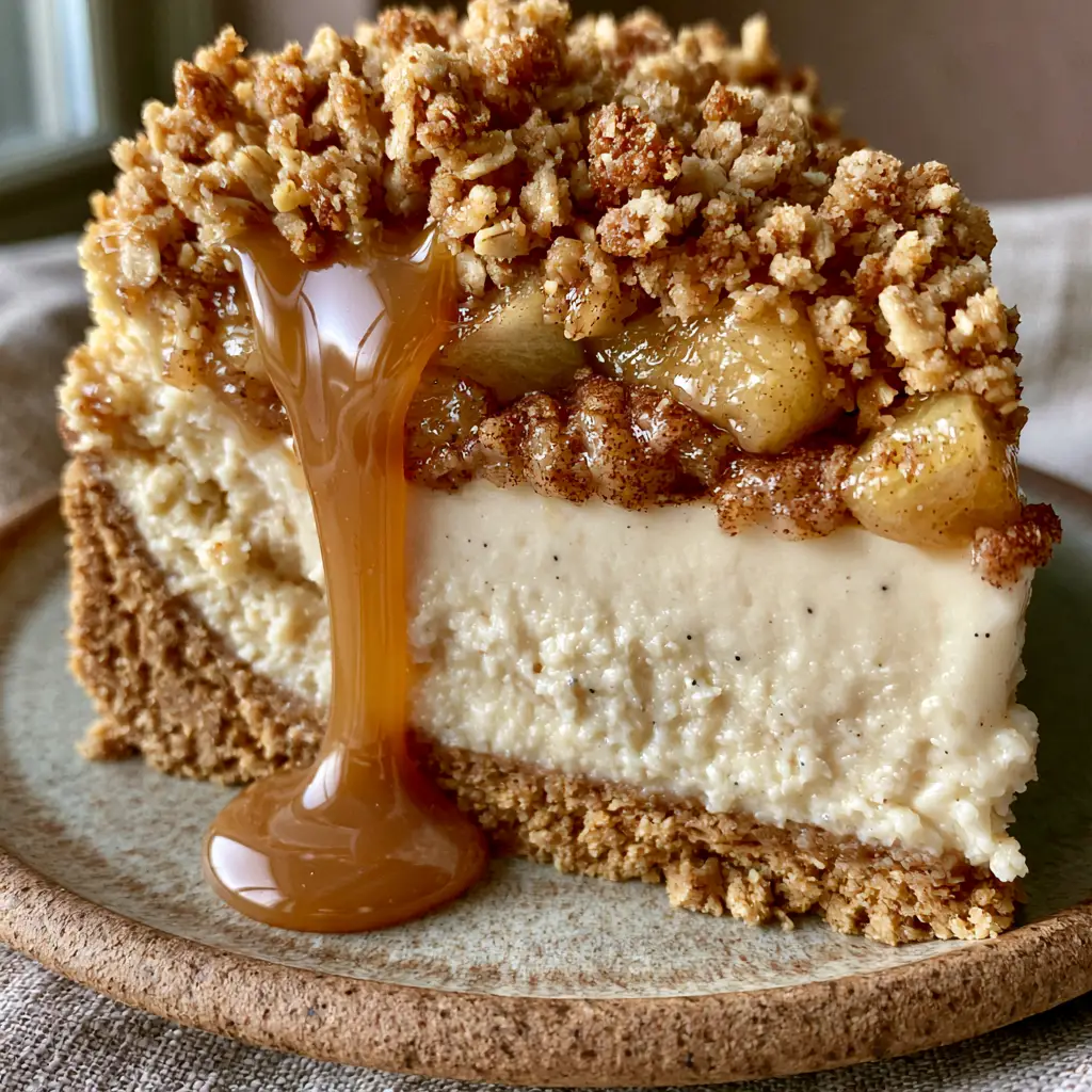 Side profile view of Salted Caramel Apple Pie Cheesecake revealing distinct ivory cheesecake and cinnamon apple layers.