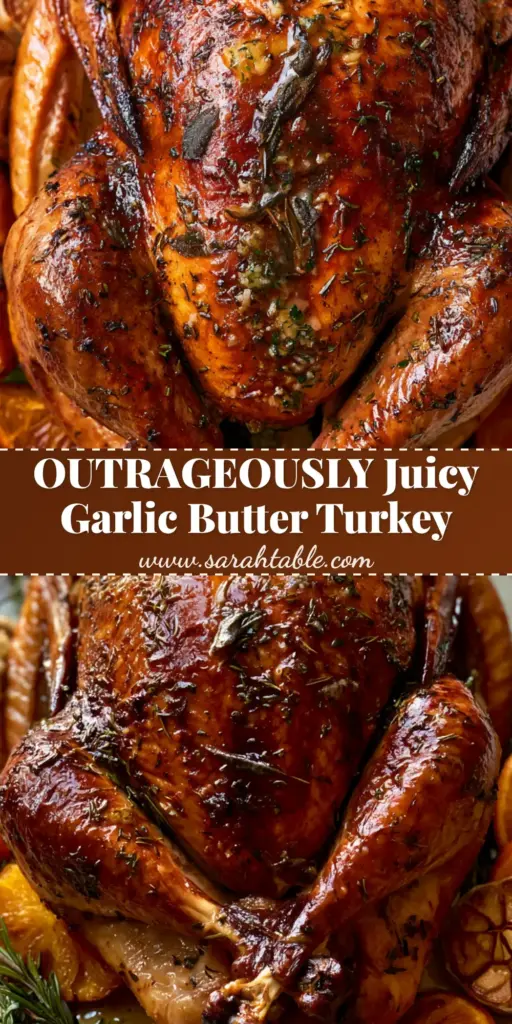 Garlic Herb Butter Roast Turkey: The Ultimate Juicy Holiday Centerpiece 4 A whole Garlic Herb Butter Roast Turkey with glossy golden-brown skin, surrounded by caramelized oranges and roasted garlic on a linen background.