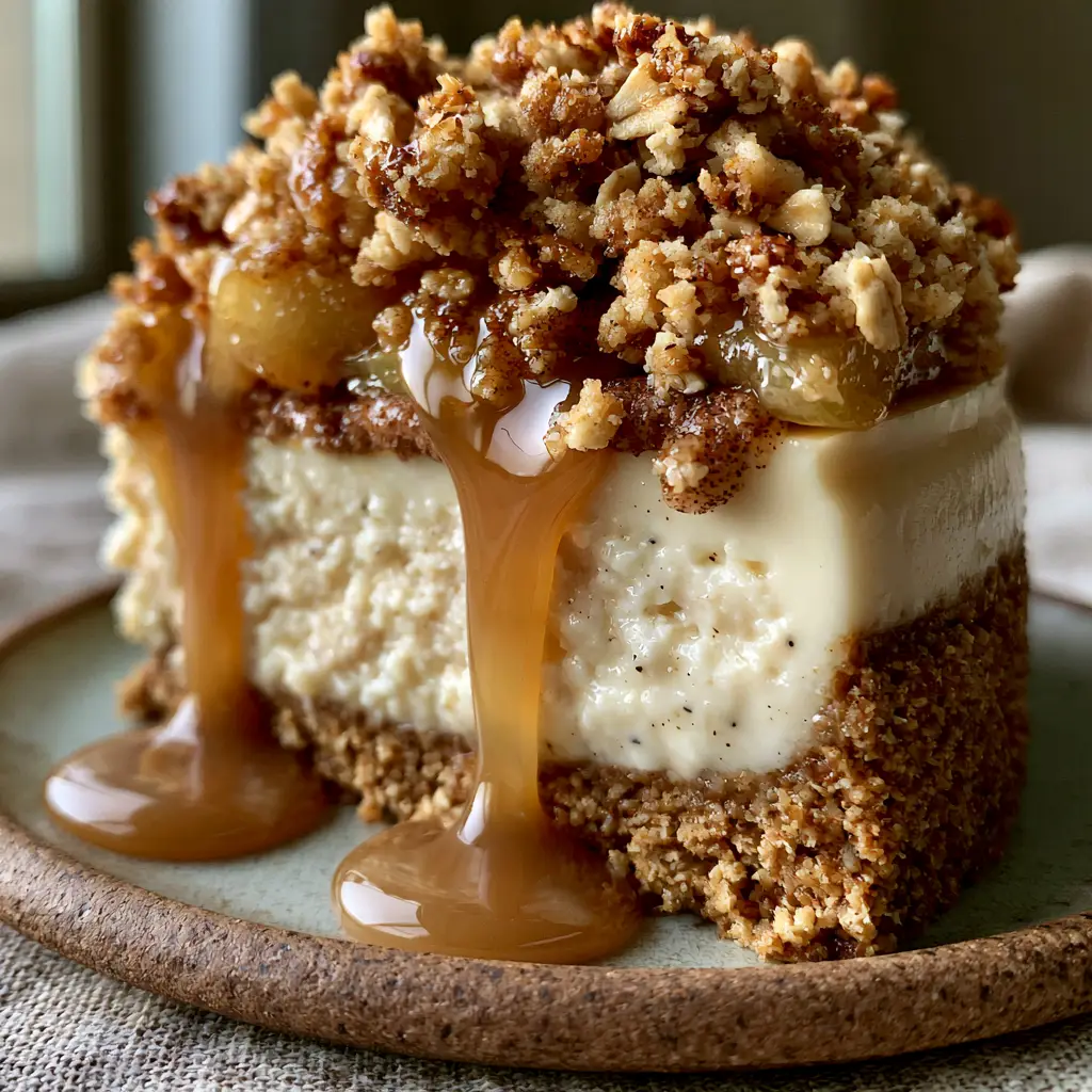 Close up of the toasted oat streusel and amber salted caramel drizzle on a Salted Caramel Apple Pie Cheesecake.