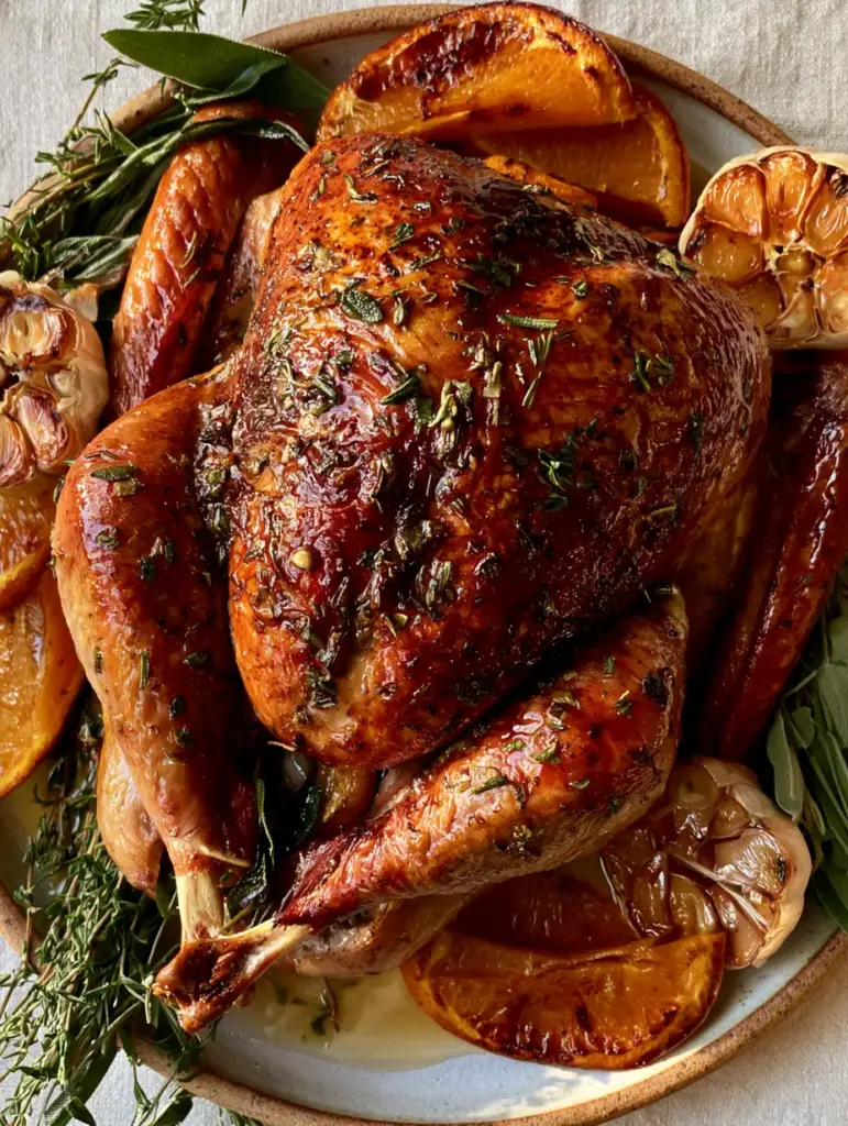 Garlic Herb Butter Roast Turkey: The Ultimate Juicy Holiday Centerpiece 2 Close up of Garlic Herb Butter Roast Turkey skin speckled with fresh herbs and glistening melted butter.