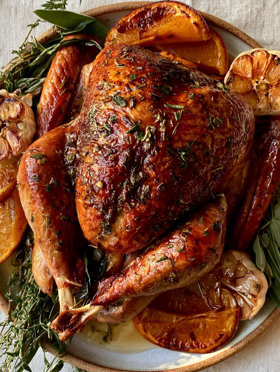 Garlic Herb Butter Roast Turkey: The Ultimate Juicy Holiday Centerpiece 3 Close up of Garlic Herb Butter Roast Turkey skin speckled with fresh herbs and glistening melted butter.