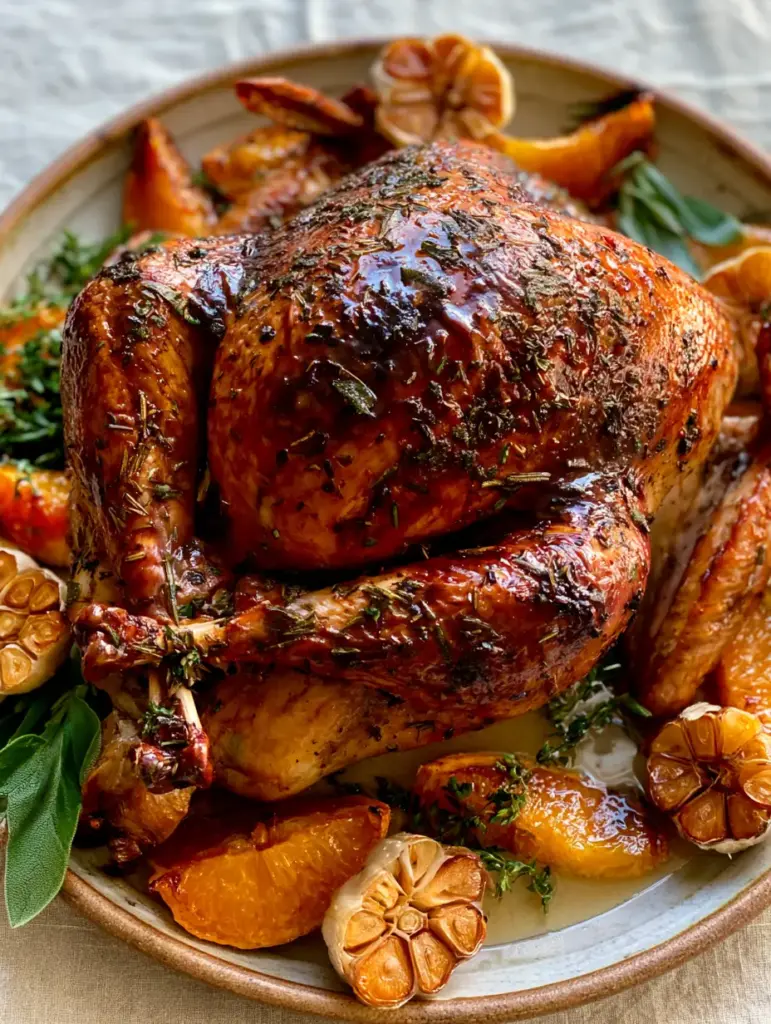 Garlic Herb Butter Roast Turkey: The Ultimate Juicy Holiday Centerpiece 1 High angle shot of Garlic Herb Butter Roast Turkey on a ceramic platter with halved garlic cloves and orange wedges.