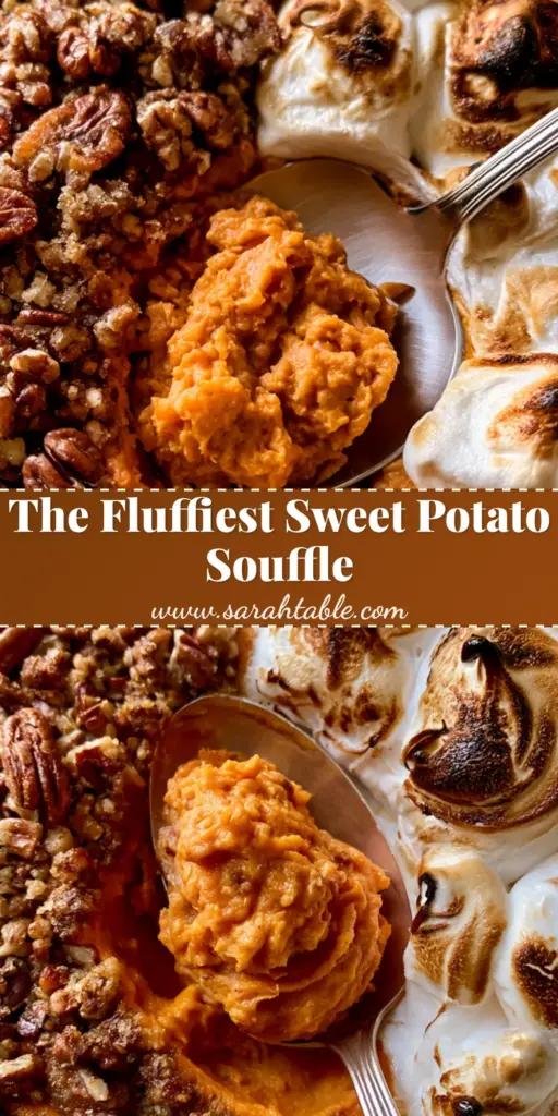 Sweet potato souffle: The Ultimate Fluffy Holiday Side Dish 4 A close-up of Sweet potato souffle in a white ceramic dish featuring half toasted marshmallows and half pecan streusel with a silver spoon scoop.