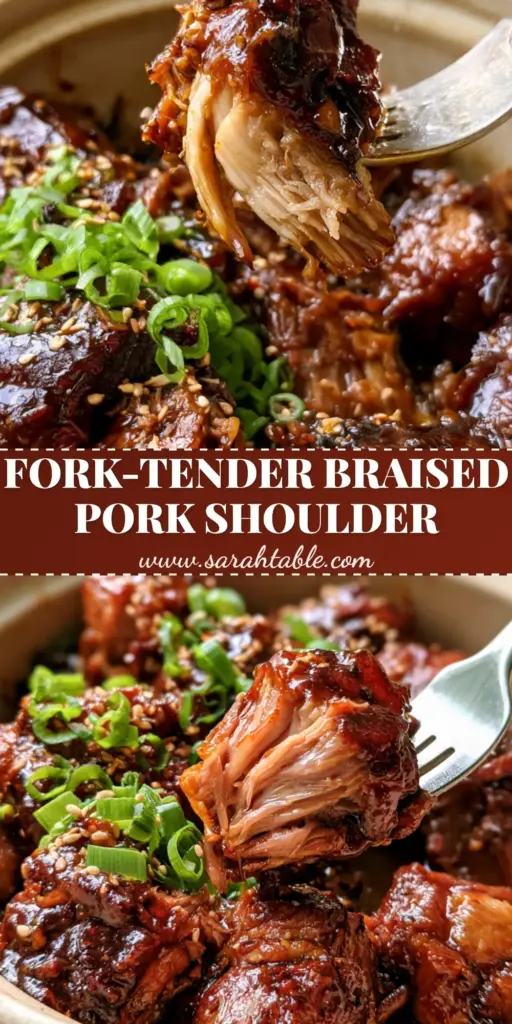 A handheld smartphone photo of succulent braised pork shoulder chunks with a thick mahogany glaze in a cream ceramic pot, garnished with scallions and sesame seeds.