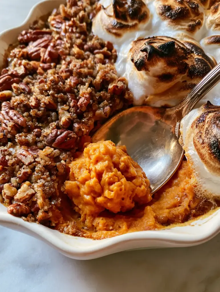 Top-down view of a Sweet potato souffle showing the contrast between charred marshmallows and buttery pecan streusel.