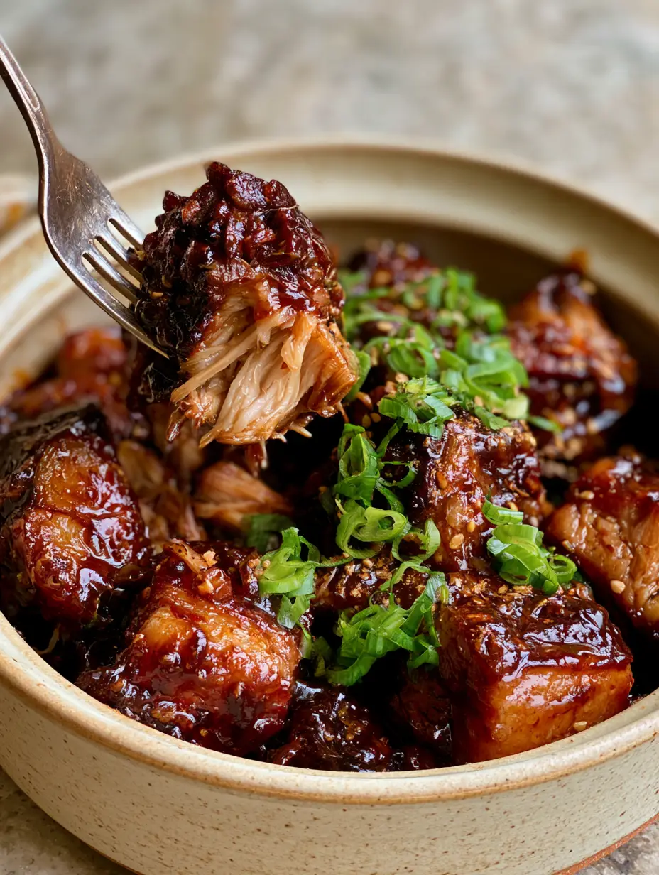 Close-up of a silver fork lifting a chunk of braised pork shoulder, revealing juicy shredded interior fibers.