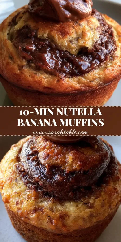 Nutella Banana Swirl Muffins: The Ultimate Bakery-Style Recipe 4 A close-up shot of bakery-style Nutella Banana Swirl Muffins with a thick glossy chocolate swirl and a warm melted dollop on top.