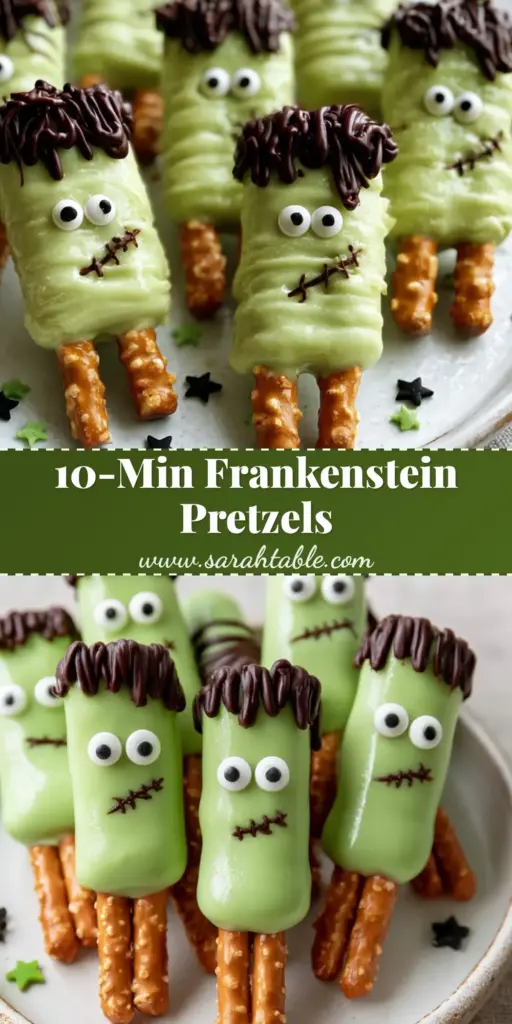Eye-level view of Frankenstein pretzels with lime green glaze and chocolate hair on a white plate. (Frankenstein pretzels)