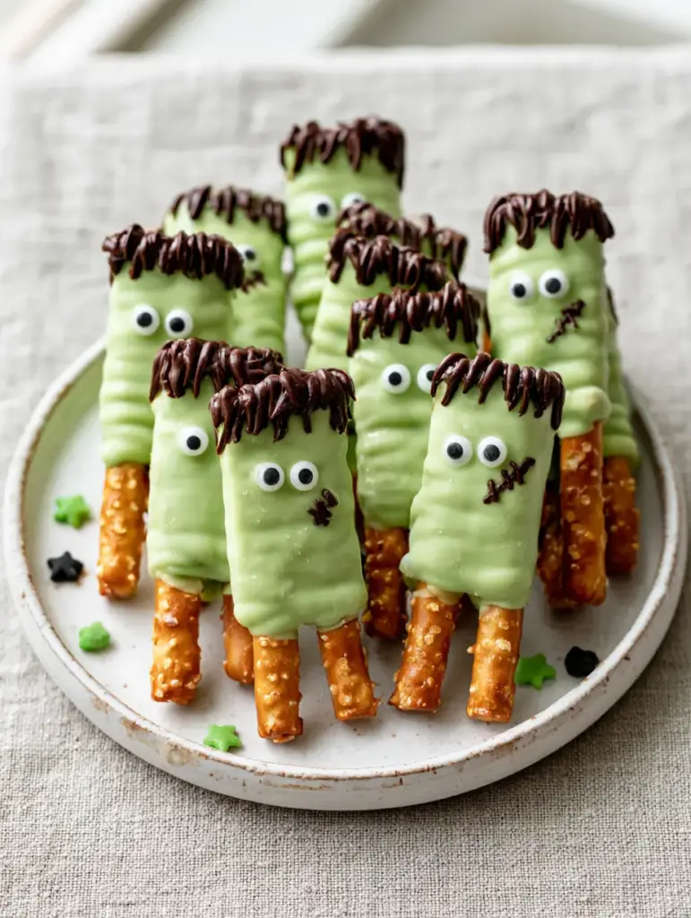 Close up of dipped Frankenstein pretzels showing the lime green coating and googly eyes. (Frankenstein pretzels)