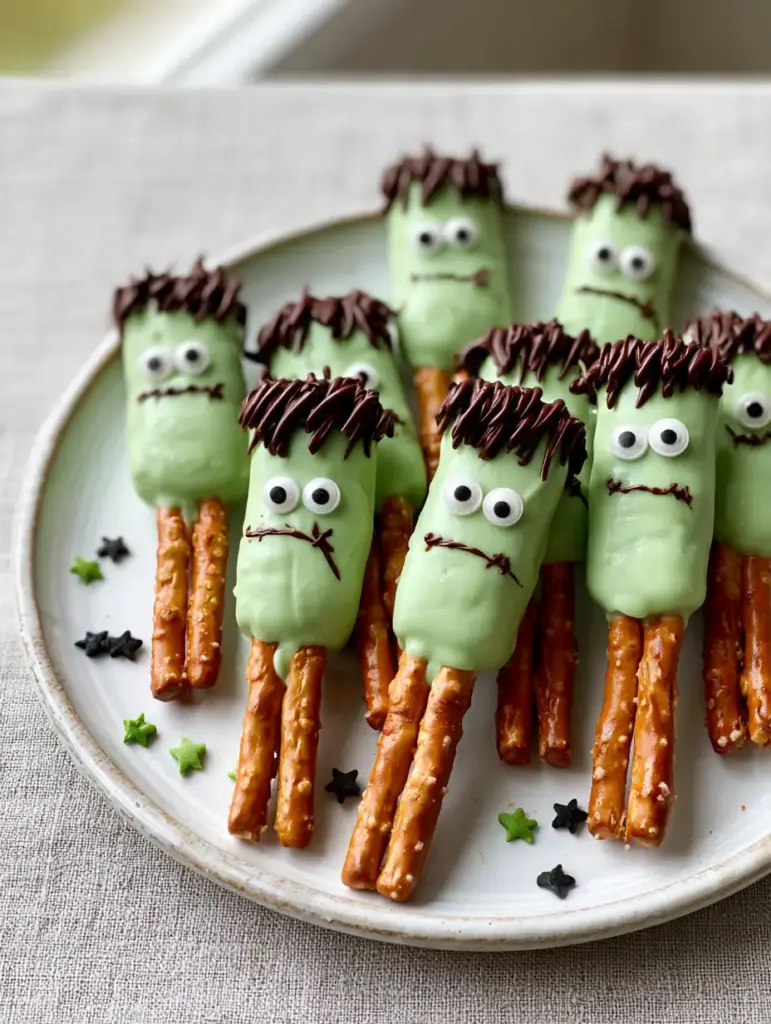 Frankenstein pretzels on a gray linen background with star sprinkles scattered around.