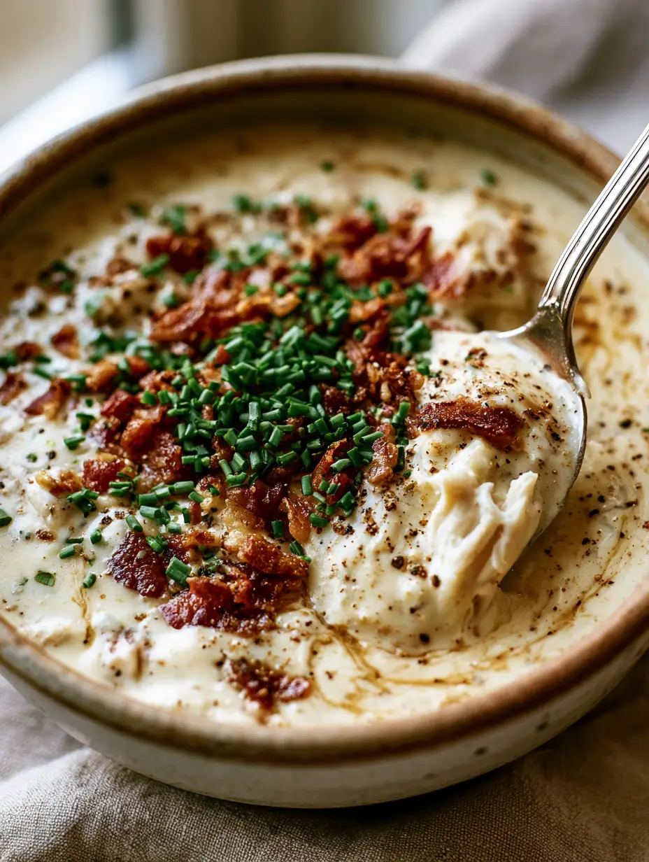 Extreme close-up of a spoon dipping into a velvety golden-white broth with shredded chicken, a staple of comforting soups.