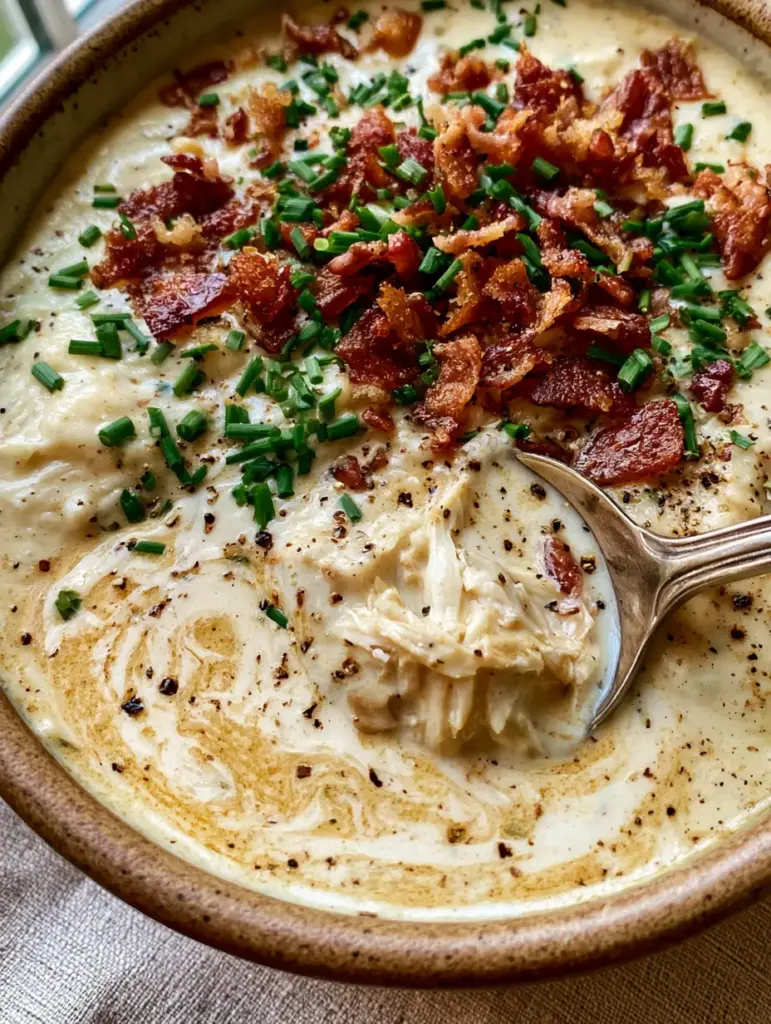A rustic ceramic bowl filled with thick soup, topped with crispy browned bacon crumbles and swirls of heavy cream.