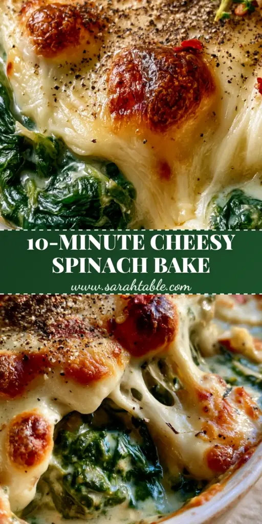 A close-up vertical shot of a cheesy spinach bake with long cheese pulls and a golden parmesan crust in a white dish.
