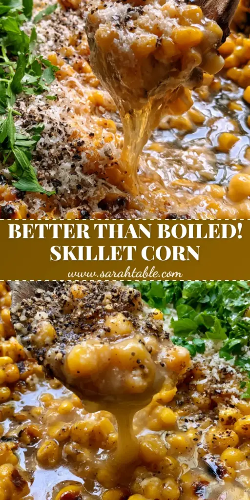 Honey Butter Skillet Corn: The Ultimate 15-Minute Side Dish 3 A close-up vertical shot of Honey Butter Skillet Corn in a cast iron pan with a wooden spoon scooping a portion of glossy, charred kernels topped with parmesan.