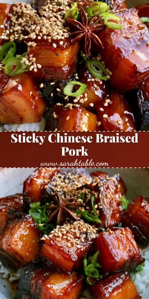 A rustic ceramic bowl of Instant Pot Chinese Braised Pork with a deep mahogany glaze over jasmine rice, topped with scallions and sesame seeds.
