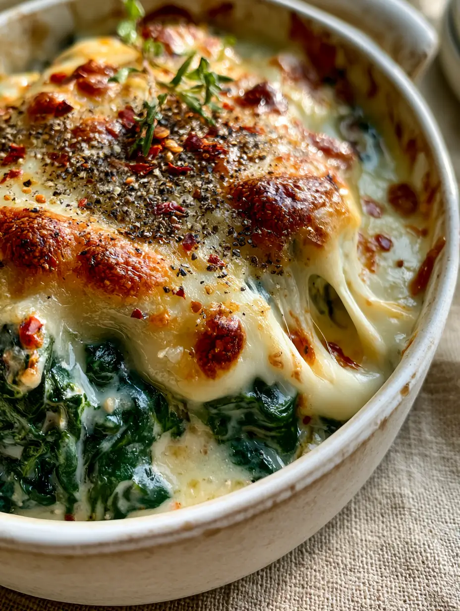 Macro close-up of bubbling mozzarella and parmesan on a spinach bake with visible chili flakes. (spinach bake)
