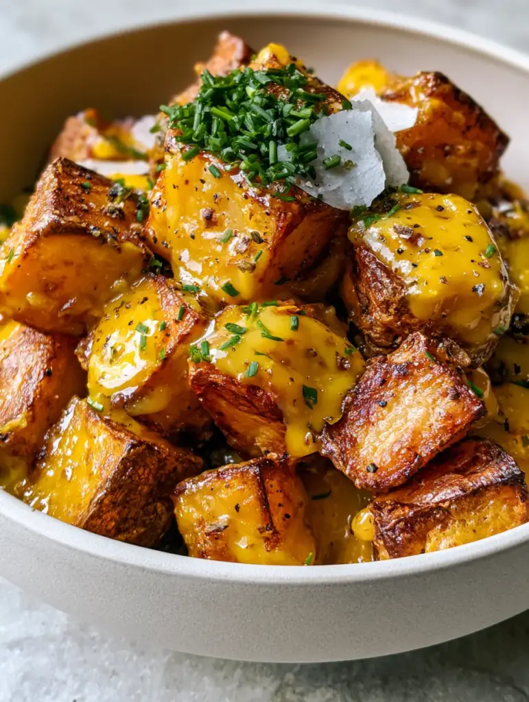 Mustard Potato Poppers: Ultra-Crispy Air Fried Bites with Honey Mustard Glaze 2 Close up of craggy air-fried potato cubes with honey mustard glaze. (Mustard Potato Poppers)