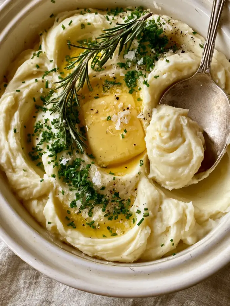 Thanksgiving Potato Recipe: The Ultimate Slow Cooker Whipped Yukon Golds 2 A close-up of billowy whipped potatoes with a deep well of melted yellow butter and fresh green chives. (Thanksgiving potato recipe)