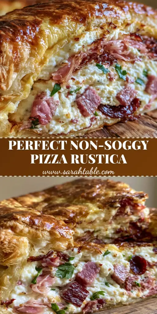 A handheld smartphone photo of a sliced Italian Pizza rustica on a rustic board, showing the flaky golden crust and dense meat and ricotta filling.